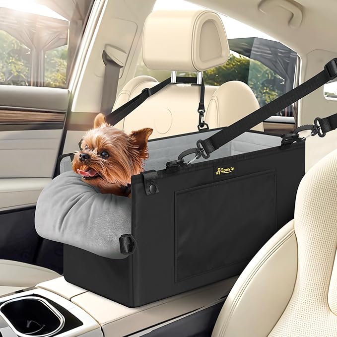 QUMY Dog Car Seats for Small Dogs Up to 11lbs, Portable Center Console Dog Booster Seat, Multi-Purpose Puppy CarSeat with Adjustable Safety Belt, Travel Pet Car Carriers for Small Dogs and Cat, Black