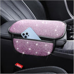 Bling Car Center Console Cover, Crystal Rhinestone Vehicle Armrest Cover Cushion with 2 Storage Bags for Women Girls, Diamond Auto Storage Box Protector Pad, Universal Fit (Pink)