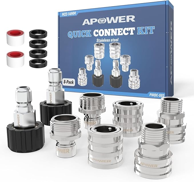 Pressure Washer Quick Connect Kit, M22-14mm to 3/8" Male Female Quick Disconnect Kit for Power Washer, 3/4 Inch Hose Fittings Adapter Set, Stainless Steel, 8 pcs