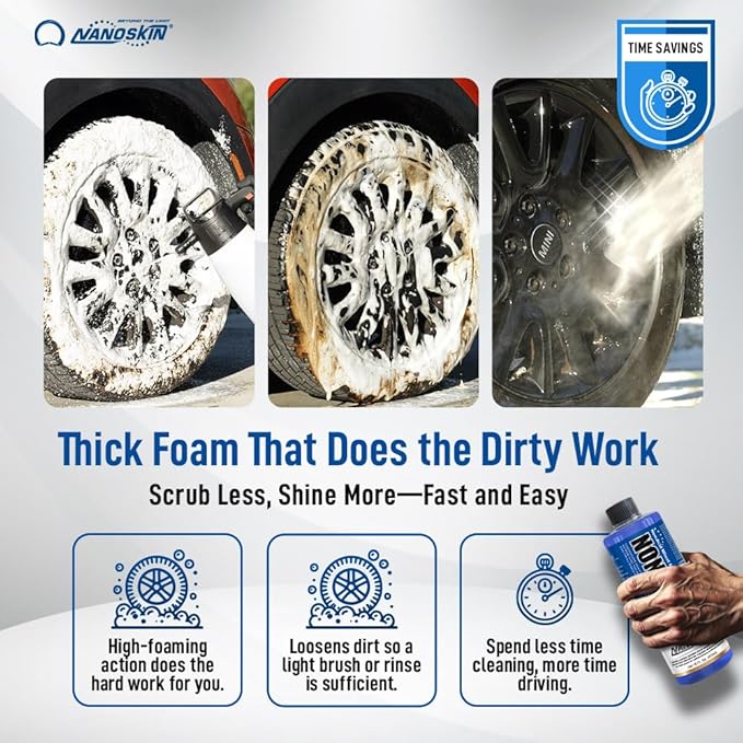Nanoskin NON ACID Professional Wheel & Tire Cleaner 16 oz – Works with Tire Brush | Car Wash Cleaning Spray for Car Detailing | Removes Brake Dust, Oil, Dirt, Light Corrosion