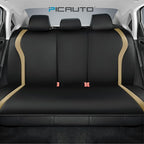 PIC AUTO Leather Car Seat Covers, Premium Automotive Waterproof Front & Rear Full Set Bucket Car Seat Protectors, Black and Beige PVC Patchwork, Fits for Cars, Trucks, Van, SUV, Airbag Compatible