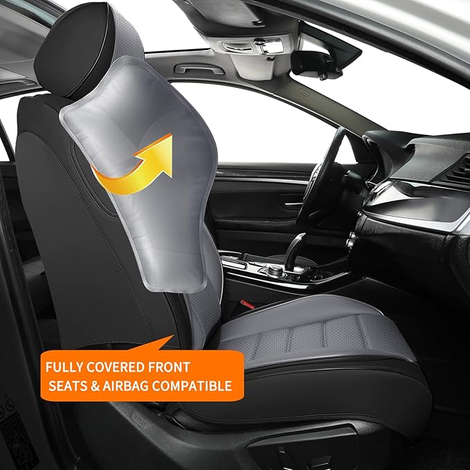 Car Seat Covers Front Seats, 2Pcs Universal Faux Leather Front Seat Covers for Cars, Waterproof Automotive Seat Covers Breathable Seat Cover for Most Sedans, Trucks, SUV (Black Gray)