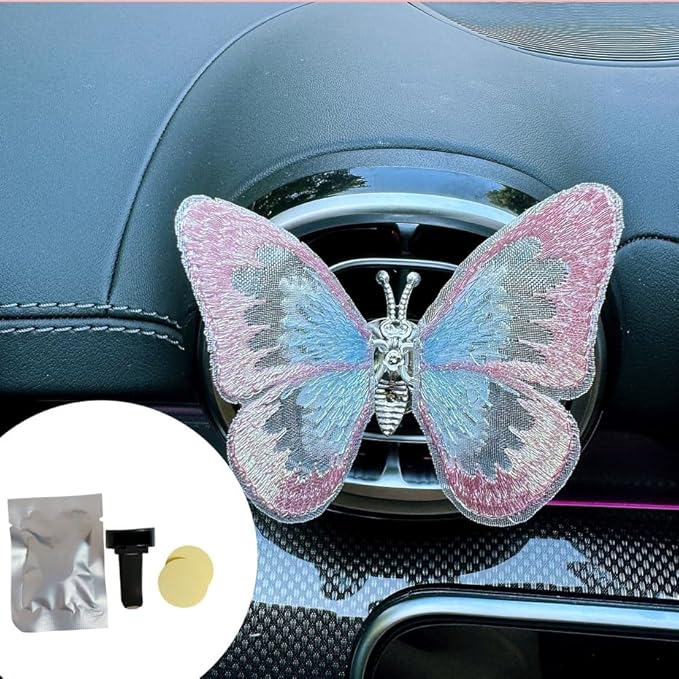 2 Pcs Embroidery Fragrance Butterfly Decoration, Butterfly Car Vent Clips, Embroidery Fragrance Butterfly Car Air Freshener Clip Charm Car Inter Decor Cute Car Accessories for Women Girls-Pink