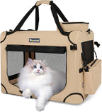 Large Cat Carrier for Cats Collapsible Soft Pet XL Crate for Large/Medium Cats 15lbs+ Car Travel Portable Bag with Water Bottle Slot Ideal for Long Trips (Beige, 20.0"L x 14.0"W x 14.0"H)
