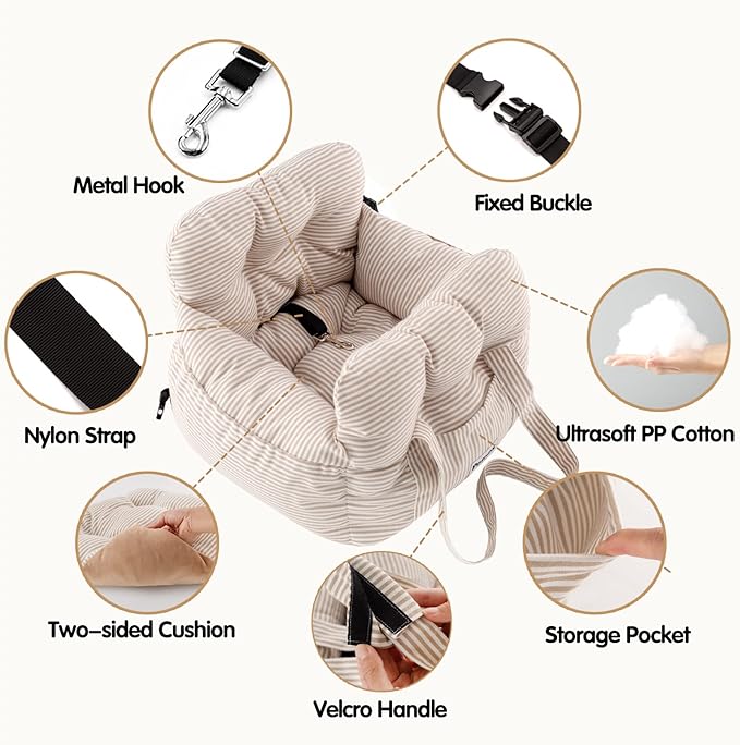 Dog Car Seat for Small Dogs, Portable Puppy Car Seat of Easy Installation, Fashionable Pet Carrier Bag with Large Pockets, Machine Washable Dog Booster Seat (Striped Khaki)
