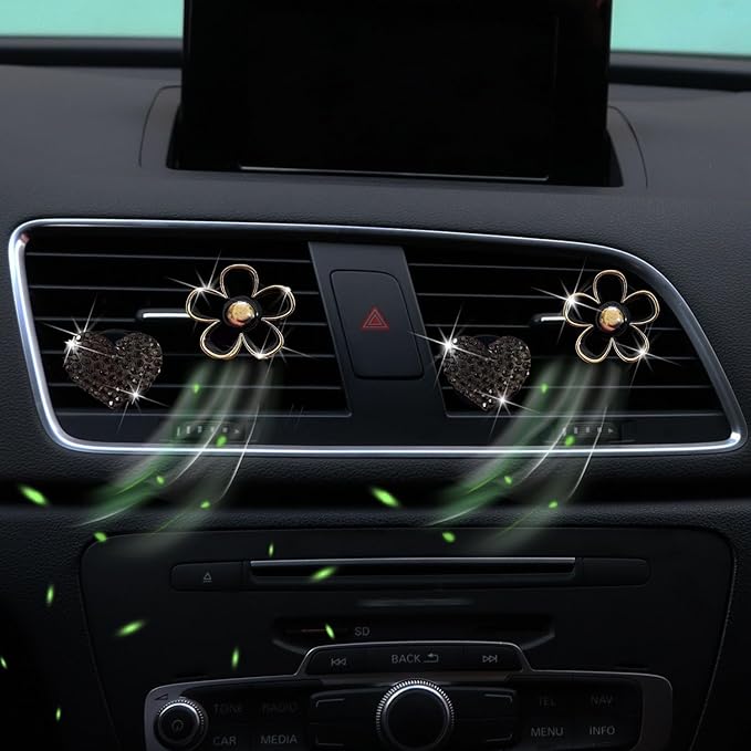 4PCS Car Air Vent Clips with Fragrance Pads, Cute Flower Car Air Fresheners Vents Clips Diamond Vent Clip Auto Interior Decor Charm Bling Auto Accessories Decoration for Women (Black)