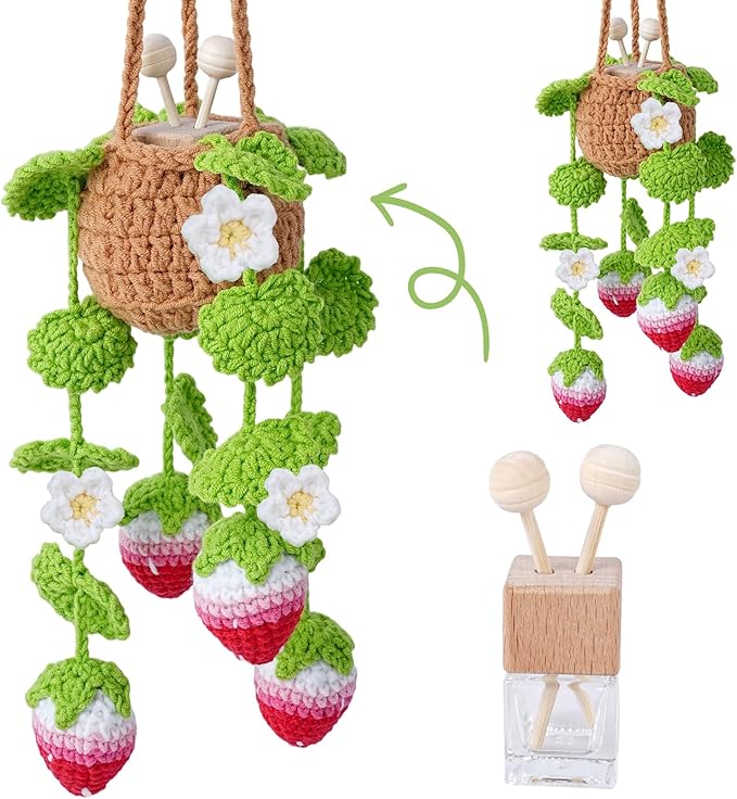 Crochet Car Air Freshener, 10ml Empty Refillable Oil Diffuser Bottle with Hanging Crochet Flower Strawberry Plant & Hanging Tools, Car Rearview Mirror Diffuser for Wall Art & Home & Office Decoration