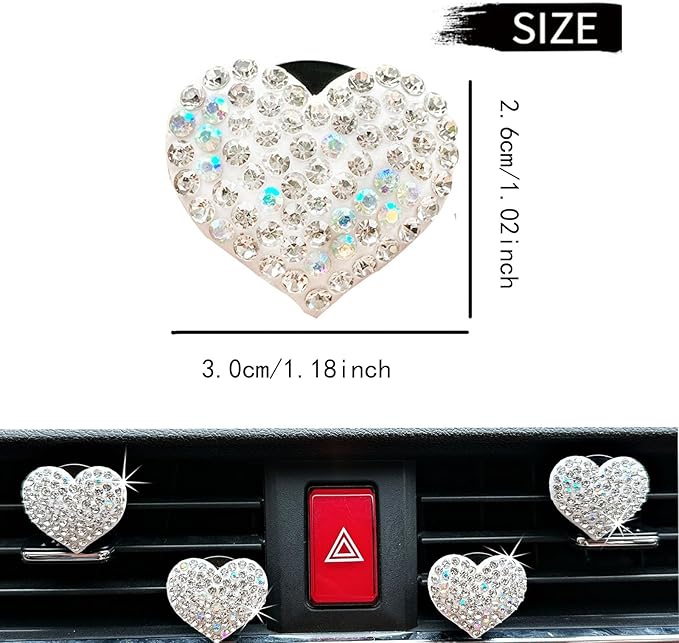4-Pack Crystal Heart Car Vent Clips – Sparkling Rhinestone Air Fresheners for Cars, Bling Diamond Auto Fragrance Holder for SUV & Sedan(Write, Ocean)