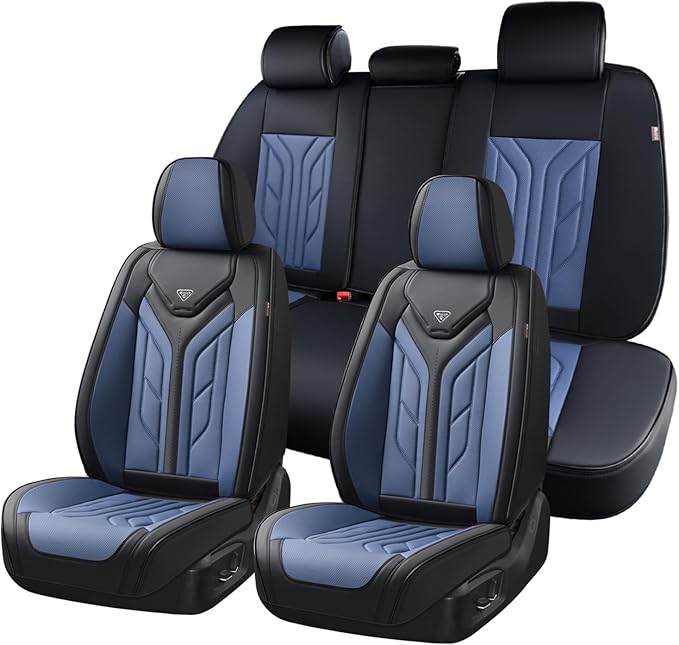 Coverado Car Seat Covers Full Set, Automotive Seat Covers Car Seat Protector Car Seat Cushion, Waterproof Leather Seat Covers for Cars, Universal Fit for Most Sedans SUV Pick-up Truck(Black&Blue)