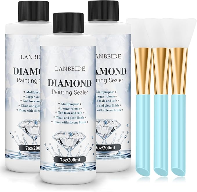LANBEIDE Updated Diamond Painting Sealer 200ML with Silicone Brush 3 Packs, 5D Diamond Painting Glue Sealer for Dimaond Painting Coasters Permanent Hold & Shine Effect for Jigsaw Puzzles (21 OZ)