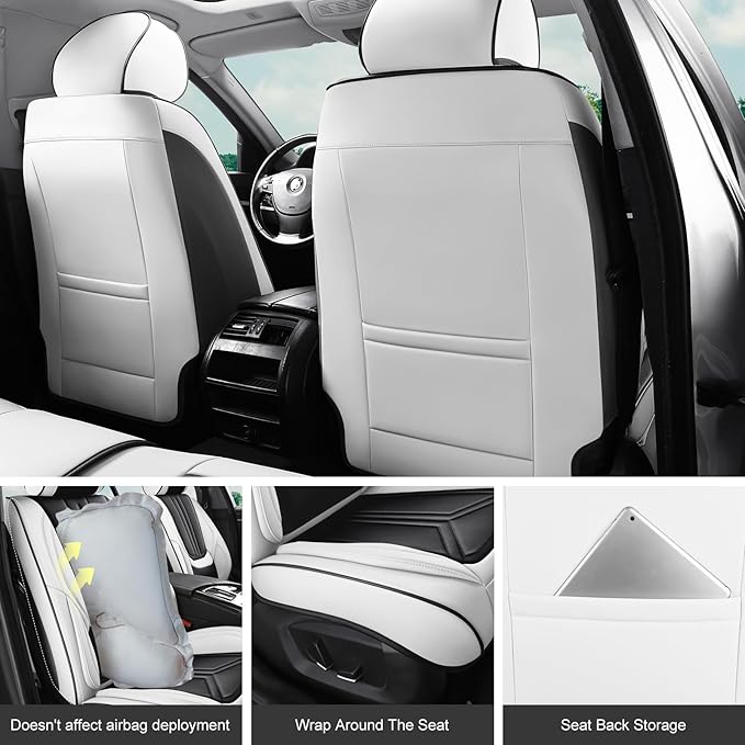 Car Seat Covers, Premium Leather Car Seat Covers, Waterproof and Breathable Seat Covers, Universal Car Seat Protector Fit for Cars, Trucks, SUVs, Pick-ups (Black & White, 2 PCS Front Seat)
