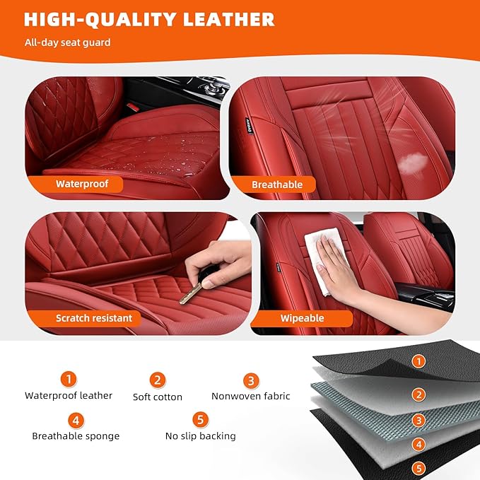 KEYOOG Universal 2-Seater Waterproof Breathable Nappa Leather Car Seat Covers Full Set, Fit for Front Seats, Compatible with Dodge Journey, Toyota Yaris, Honda Pilot HR-V City, Fit Most Sedans SUV Red