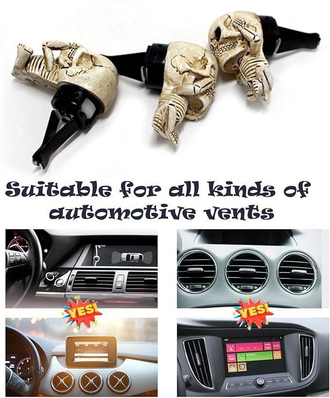 3 PCS Cute Skull Car Vent Clips 2.3In, Cooler Aromas Vents Skull Car Scent Air Freshener, Personalized Lucky Pendulums, Universal for Car Vents, Halloween, Office Home Decorations