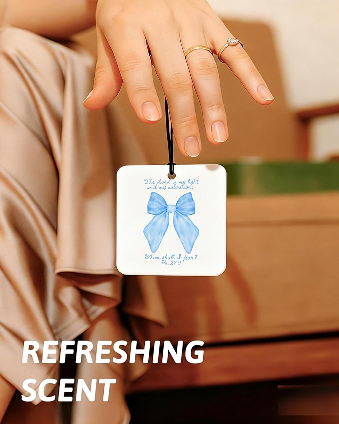 Blue Christian Car Air Freshener 4 Pcs, Coquette Blue Bow Bible Verse Religious Hanging Air Freshener for Cars Closet Drawer Books, Cute Christian Car Accessories Mirror Decor for Women