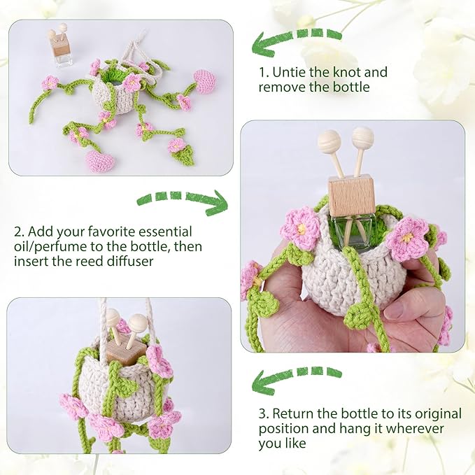 Crochet Car Air Freshener, 8ml Empty Refillable Oil Diffuser Bottle with Hanging Crochet Lightpink Daisies Plant & Hanging Tools, Car Rearview Mirror Diffuser for Wall Art & Home & Office Decoration