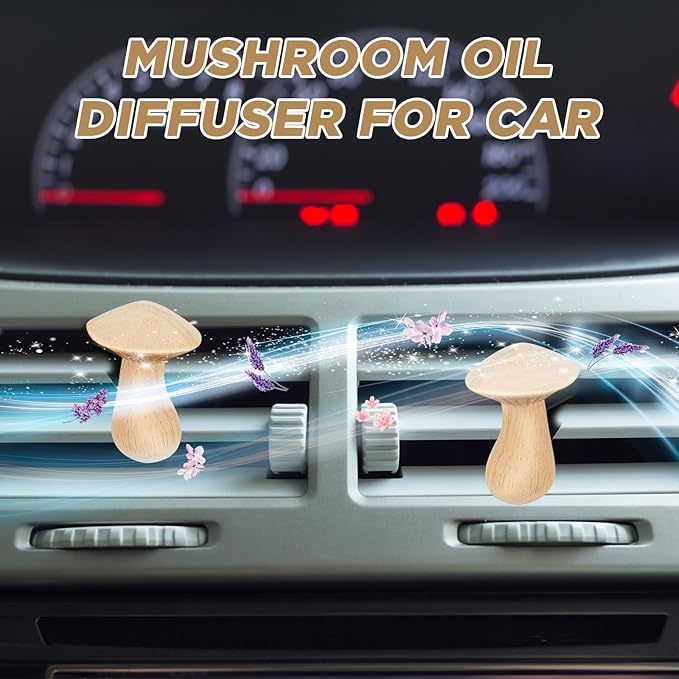 Dandat 4 Pcs Wood Car Essential Oil Diffuser Vent Clips Mushroom Car Air Freshener Aromatherapy Wooden Car Diffusers Automotive Interior Accessories Decoration for Women Men Gift