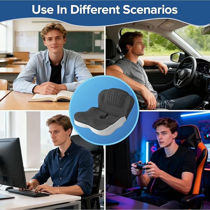 Urban Deco Memory Foam Seat Cushion, Office Chair Seat Cushion with L-Shaped Design, Ergonomic Back and Seat Pad Cushion for Car, Driving, Office, Black+Grey