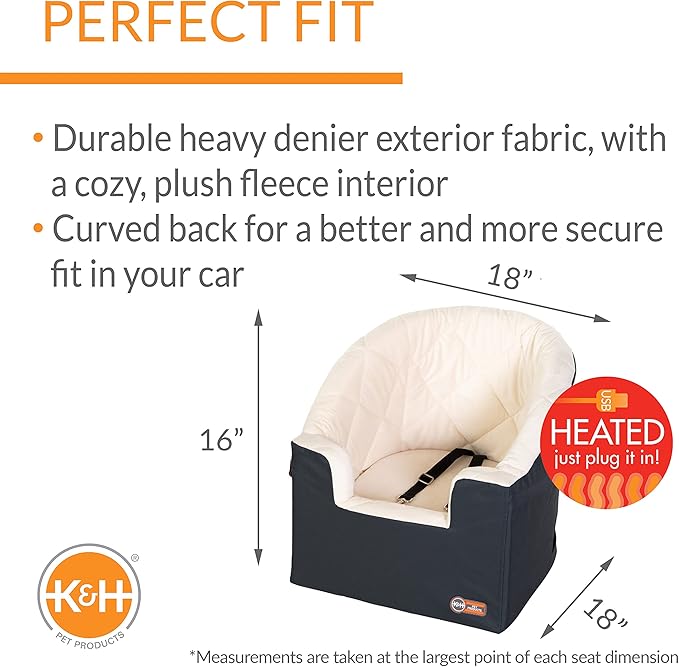 K&H Pet Products Bucket Booster for Small & Medium Dogs - Washable Heated Car Seat with Safety Leashes - Charcoal/Cream