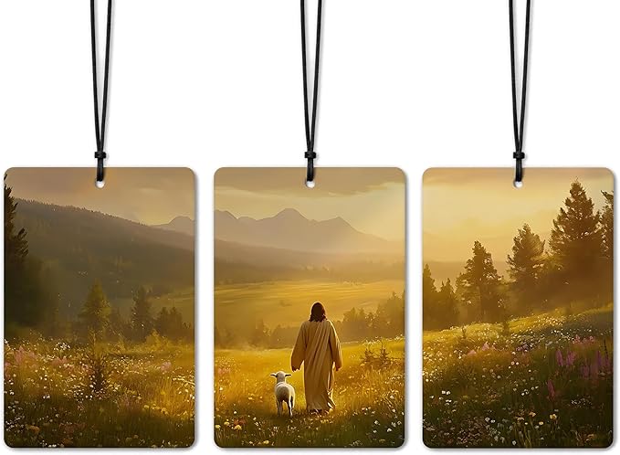 Jesus Christian Car Air Freshener 3 Pcs, Jesus & Lost Sheep on a Wild Flower Field Religious Air Freshener Hanging for Cars Books Closet Drawer, Christian Girly Car Accessories for Women Girls