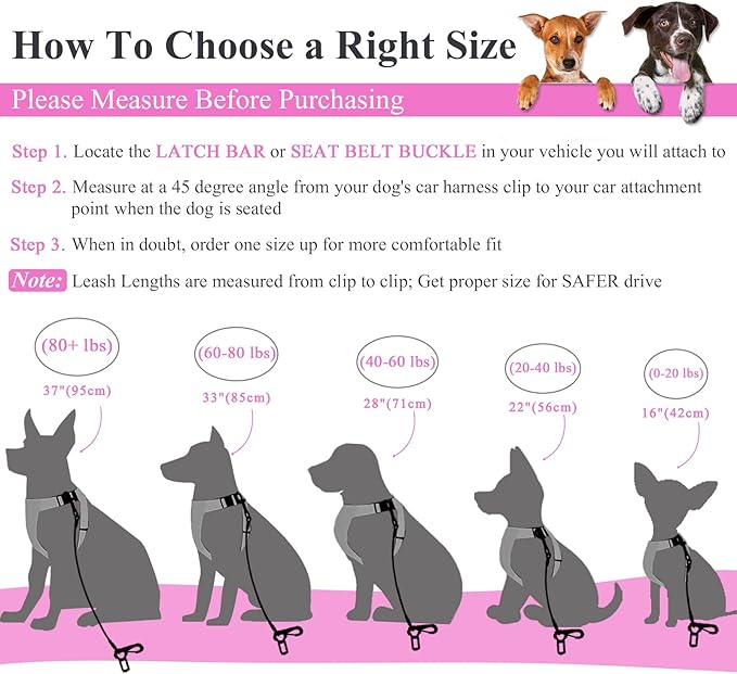 VIVAGLORY Dog Seat Belt Tuffbelt Dog Car Harness, Seatbelt with Clip & Hook for Car Travel, Chew Proof Anti Chew Unchewable Metal Safety Tether Restraint, M, Pink
