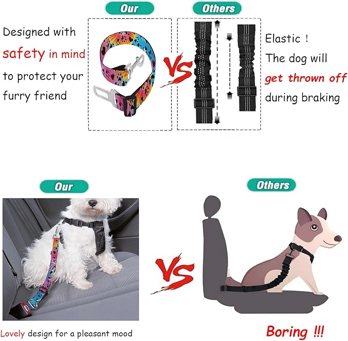 Cute Design 2-Pack Set Adjustable Pet Cat Dog Car Seat Belt, Adjustable Buckle Pet Car Harness Fabric Lanyard from 22 to 38 Inches Seatbelt Leash (Polychrome Dog-Two Piece in one Set)