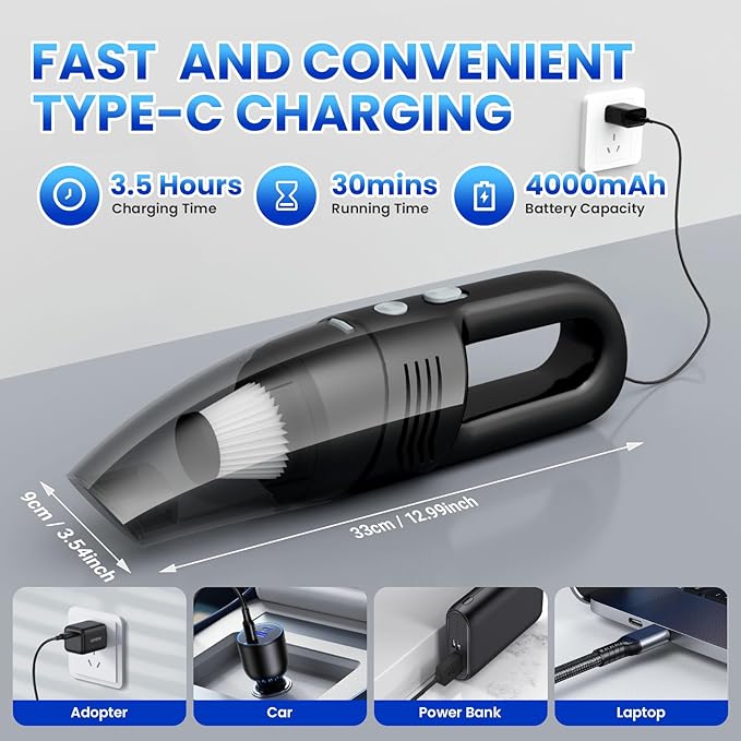 Handheld Vacuum Cordless Car Vacuum Cleaner 11000PA High Power Portable 1.4lbs Lightweight Rechargeable with 2 Filter Multi-Nozzles for Home Office Pet Hair Dust