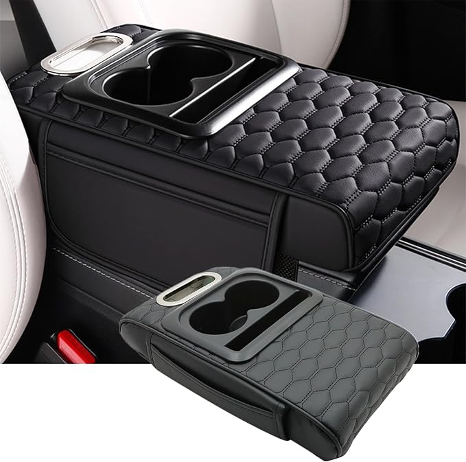 Priprilod Car Center Console Armrest Pillow, Leather Memory Foam Car Armrest Cushion with Cup Holder & Phone Holder, Universal Armrest Storage Box Protector for Most Vehicles, Car Accessories (Black)