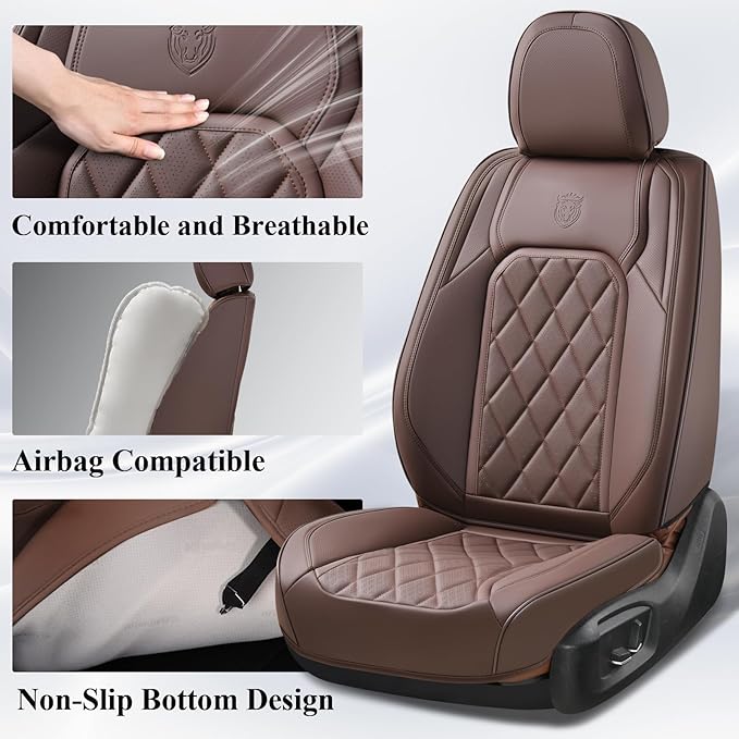 Coverado Car Seat Covers Full Set, Luxury Faux Leather Waterproof Seat Cover, Front and Back Car Seat Protector, Universal 5 Seat Leather Seat Cushion, Carseat Cover Fit Most Cars, Coffee