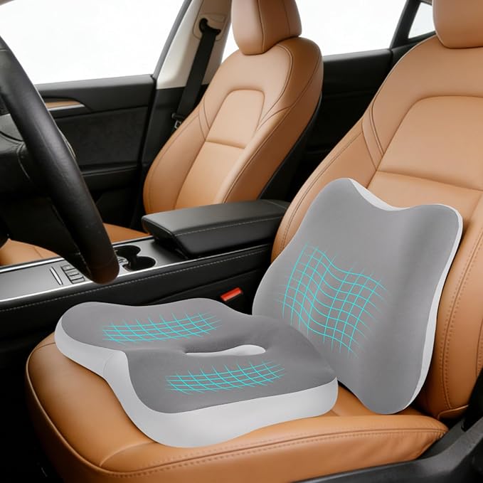 Car Seat Cushion & Lumbar Support Set, Memory Foam Seat Cushion for Long Sitting & Driving, Ideal for Truck Bus Van Drivers, Office Chair Cushion Set (Gray) (Gray)