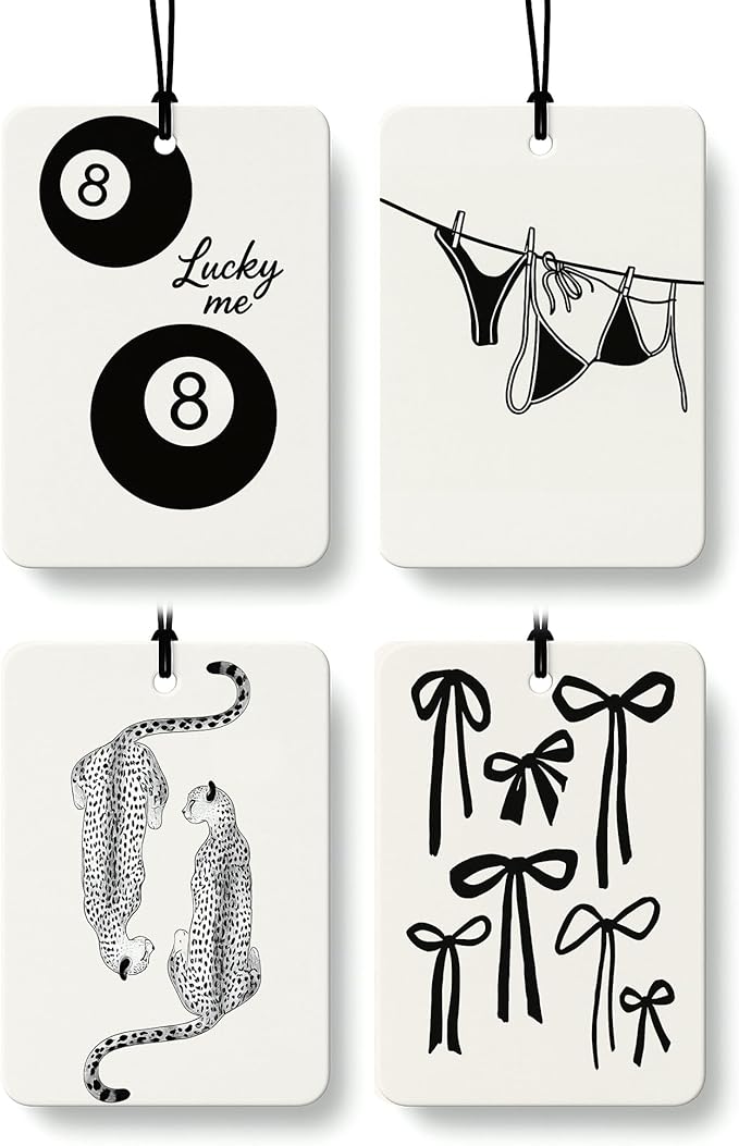 Dark Coquette Girly Car Air Freshener 4 Pcs, Retro Black Lucky 8 Ball Cheetah Hanging Air Freshener for Cars Closet Drawer Books, Preppy Cute Car Accessories Mirror Decor for Women