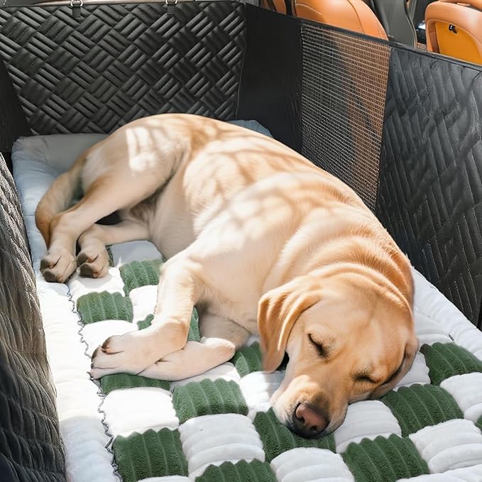 Dog Car Seat Cover for Back Seat, Plaid Backseat Pet Bed Mat, Non-Slip Travel Dog Bed for Backseat Extenders, 24.8" x 54", Green and White