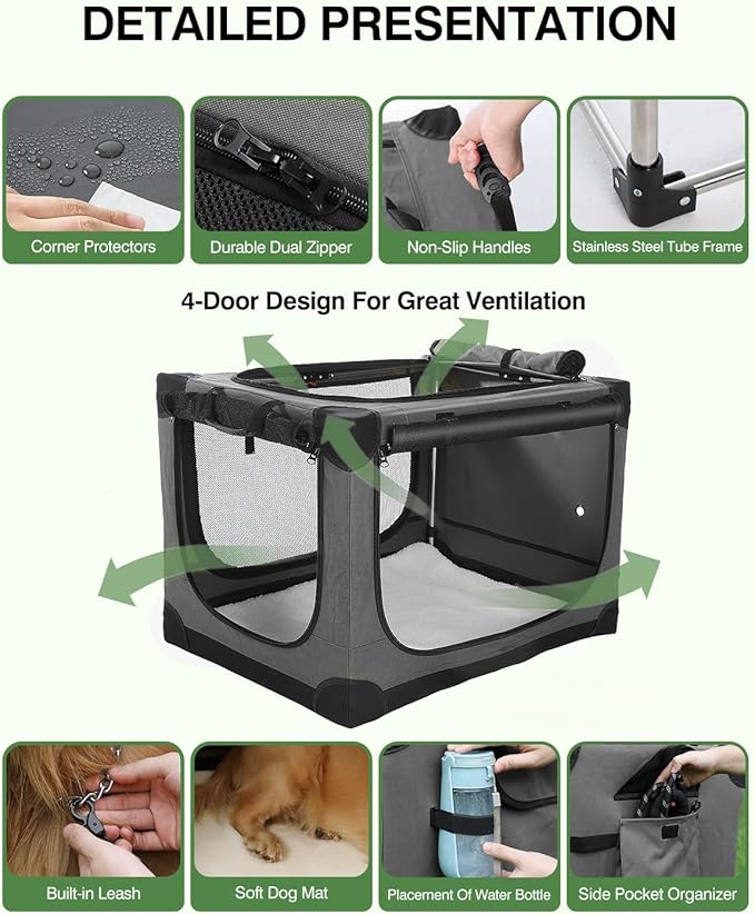 33" L x 25" W x 25" H Collapsible Travel Dog Crate, Portable Soft Dog Kennel for Medium Large Dogs up to 60 lbs, 4-Door Foldable Travel Crate with Durable Mesh & Storage Bag, Grey