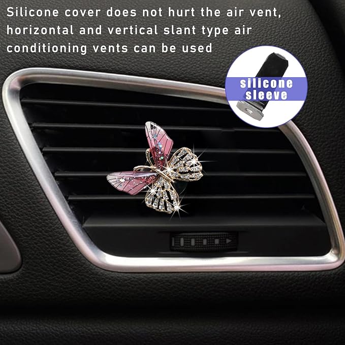 Augeny 2PCS Bling Butterfly Air Vent Clips, Cute Crystal Car Air Fresheners Vent Clips, Rhinestone Diamond Auto Diffuser Vent Clip for Women Girls, Car Interior Decor Accessories (Rose Red)