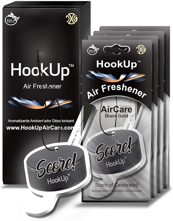 Hockey Car Air Freshener by HookUp - 4 Pack - Black Gold Scent (Extra Strong) | Unique Hockey Gift for Players, Coach, Fans | Hanging Car Accessory with Long Lasting Fresheners Smell