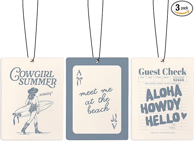 Retro Blue Coastal Cowgirl Car Air Freshener, Preppy Blue Coastal Summer Beach Air Freshener Hanging 3 Pcs for Cars Closet Drawer or Books, Girly Western Car Accessories Mirror Decor for Women