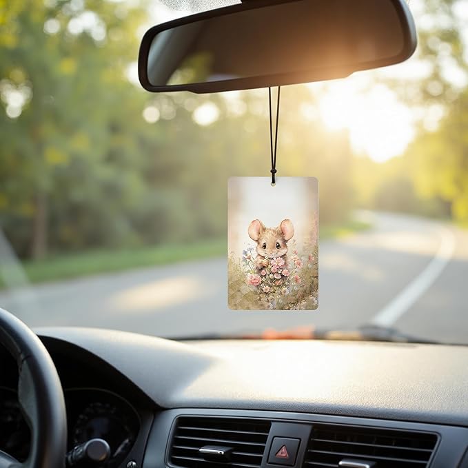 Spring Floral Bunny Mouse Fox Badger Car Air Freshener 4 Pcs, Whimsical Forest Animal Botanical Wildflower Hanging Air Freshener for Cars Closet Drawer Books, Cute Car Accessories for Women
