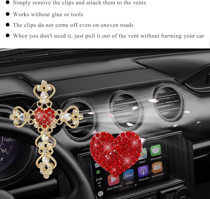 2 PCS Bling Car Vent Clip, Crystal Rhinestone Cross and Heart Car Air Fresheners Vent Clips, Diamond Car Air Conditioner Outlet Decoration Charm for Women, Car Accessories (Red)