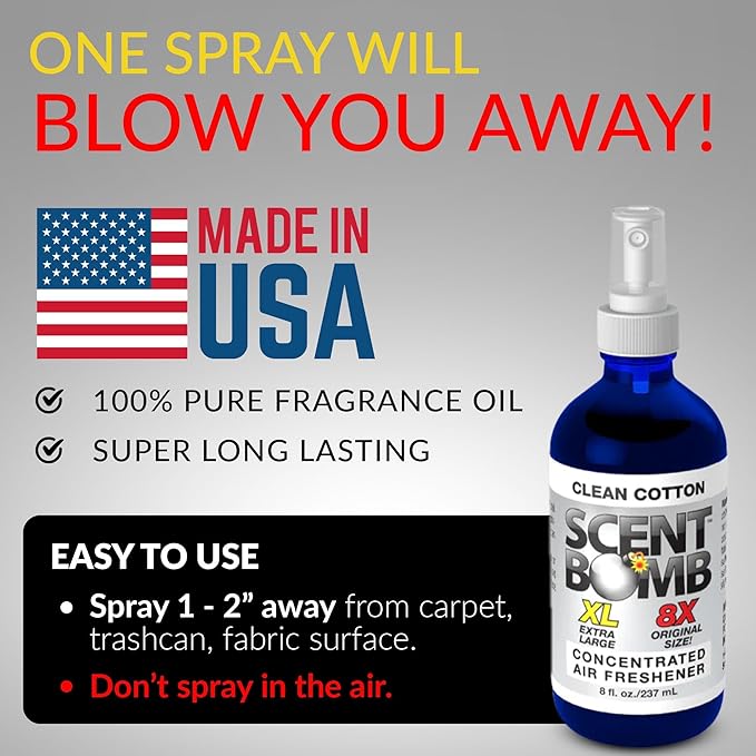 Scent Bomb Air Freshener Bundle - 1 oz & 8 oz Bottle Sprays, Vent Clip, Organic Cans, Hanging Circle - Continuous Freshness & Long-Lasting Odor Eliminator for Car, Home, Bathroom - Clean Cotton