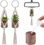 2 Pack Car Air Freshener Mirror Hanging Accessories Mini Macrame Crochet Plant with Wooden Essential Oil Diffusers Cute Boho Plant for Rear View Mirror Home Office Decor