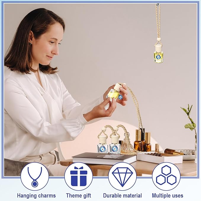 Qinyoung 30 Pack Employee Appreciation Gift Hanging Car Air Freshener Diffuser Bottles Empty Bulk Essential Oil Perfume Car Diffuser Pendant Bottle with Evil Eye Charms Gift for Valentines Galentines