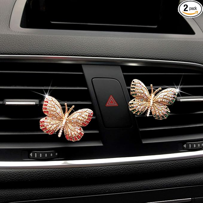 Bling Butterfly Car Air Vent Clip, Cute Rhinestone Air Freshener Clip, Glam SUV Outlet Vent Decorations, Charm Car Inter Decor Accessories for Girls Women (Red + Green)