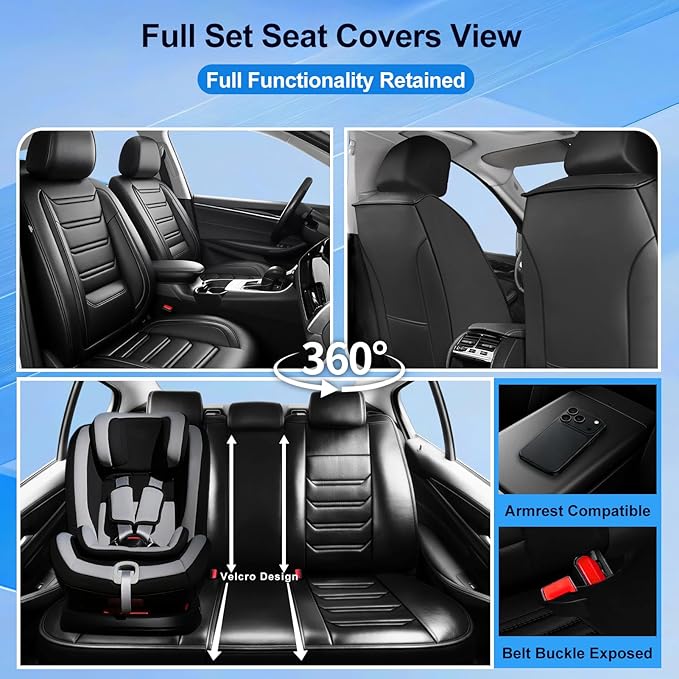 Fit HR-V Car Seat Covers (Front Pair) for Select Honda HRV 2016-2025 2026 LX/EX/EXL/Sport - Full Coverage Leather, Airbag Compatible, Waterproof & All Weather Seat Cushion Protector, Black