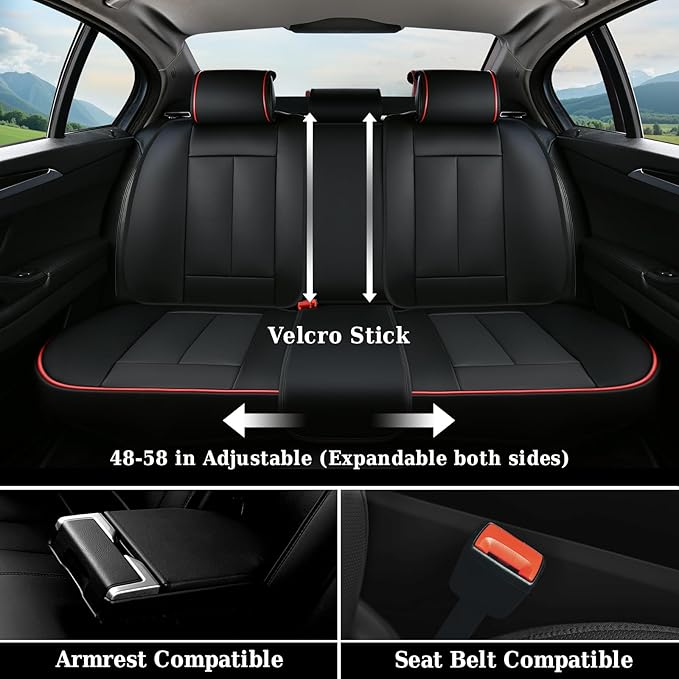 Coverado Universal Seat Covers Full Set, Universal Seat Covers for Cars, Waterproof Nappa Leather Car Seat Covers with Head Pillow, 5 Seats Auto Protectors Fit for Most Pick-up Truck, Black&Redline