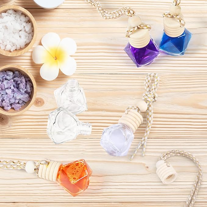 50 Pcs/Set,8ml Hanging Car Air Freshener Diffuser,Empty Clear Glass Essential Oil Fragrance Perfume Diffuser Pendant Glass Vials with Wooden Caps & Hanging String,Diamond Shaped Style