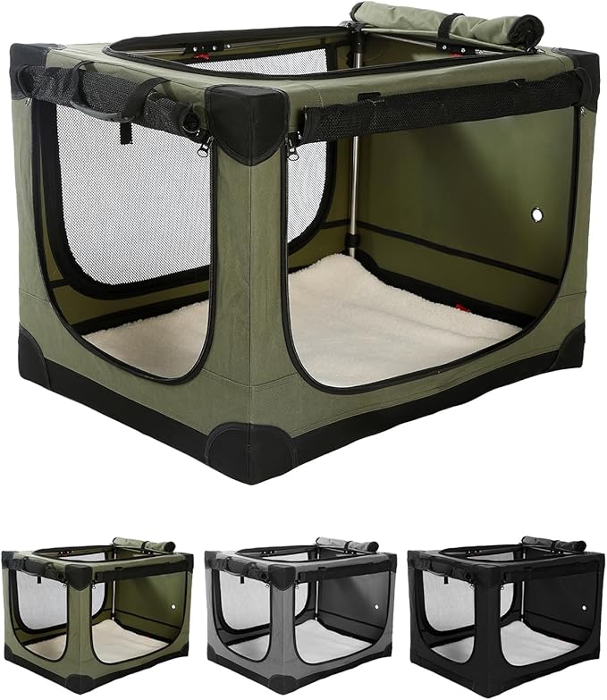 30" L x 21" W x 21" H Collapsible Travel Dog Crate, Portable Soft Dog Kennel for Medium Dogs up to 45 lbs, 4-Door Foldable Travel Crate with Durable Mesh & Storage Bag, Green
