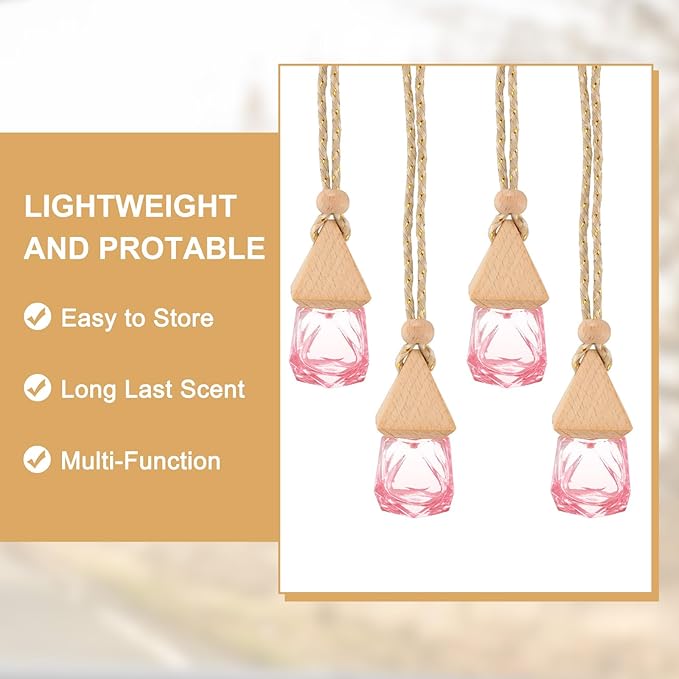 uxcell 4pcs Hanging Car Air Freshener Perfume Bottle, 8ml Pendant Empty Clear/Pink Glass Essential Oil Aromatherapy Diffuser with Wooden Cap for Car Decor (Clear/Pink, Rhombus)