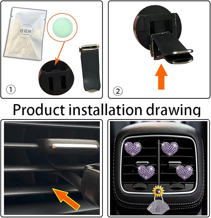 Purple Heart Air Vent Clips, 4 Pcs Bling Heart Car Air Fresheners Vents Clips Diffuser Diamond Interior Decor Cute Daisy Accessories Car Decoration for Women + Mask Hook