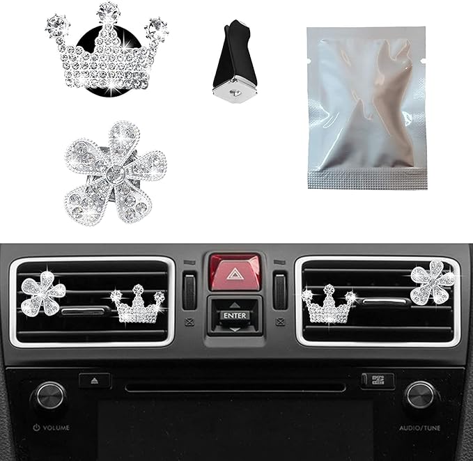 4 Pcs Bling Daisy Air Vent Clips, Crystal Crown Car Air Fresheners Vent Clips Charms Rhinestone Diffuser Vent Clip Crown Car Interior Decoration Cute Car Decor Bling Flower Cute Car Accessories for Women (Crown&Daisy)