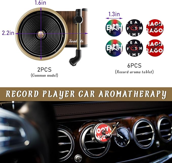 2 PCS Car Air Fresheners Vent Clips, Retro Record Player Auto Fresheners for Women, Album Cover Turntable Perfume Diffusers, Universal Interior Decoration Car Accessories