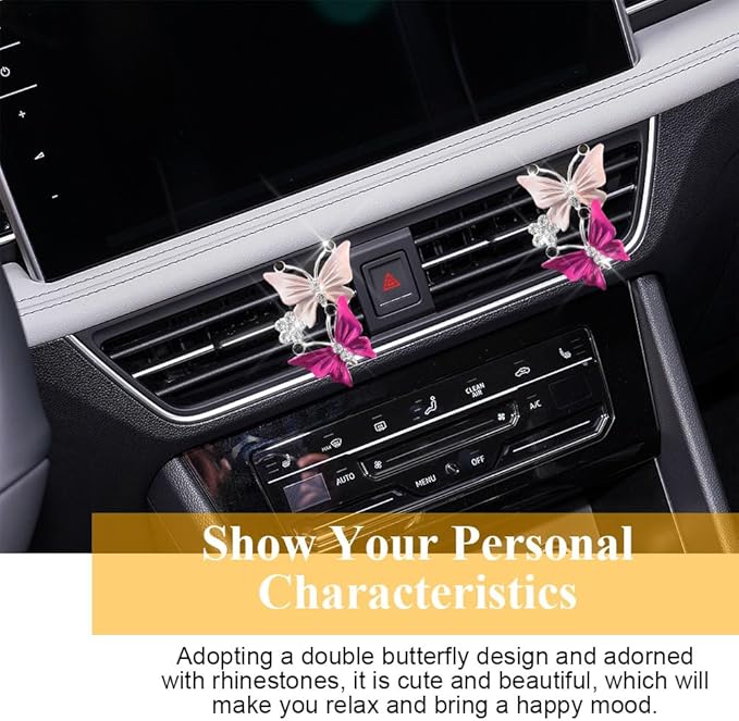 2PCS Car Air Fresheners Vent Clips, Butterfly Car Accessories, Sparkly Bling Dual Butterfly Auto Air Vent Clips, Automotive Cute Air Conditioning Outlet Decoration Universal for Women Girl